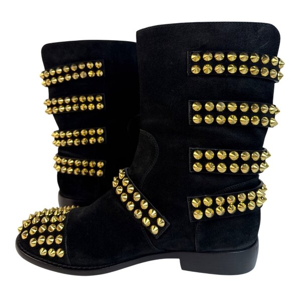 GIUSEPPE ZANOTTI BLACK SUEDE GOLD STUDDED BUCKLE BIKER Flat BOOTS SHOES SZ 40 - Picture 3 of 15